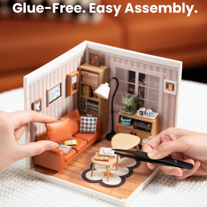 Rolife Cozy Living Lounge DIY Miniature House Kit - 114-Piece Super Creator Stackable Dollhouse with LED, for Adults & Teens 14+ (DW007)