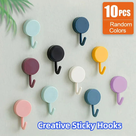 10-Pack Self-Adhesive No-Drill Wall Hooks 2.8 x 5 cm (1.1 x 2.0 in) Strong Plastic Coat Towel Hangers for Bathroom Kitchen Door