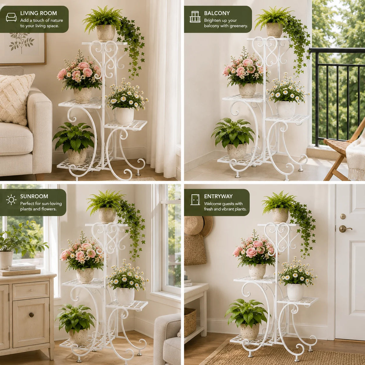 4-Tier Metal Corner Plant Stand with Adjustable Feet