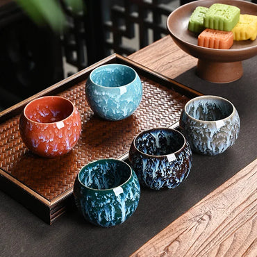 Five Elements Kiln-Change Ceramic Tea Cup Set with Gift Box, 5-Piece Porcelain Cups 150 ml (5.07 fl oz)
