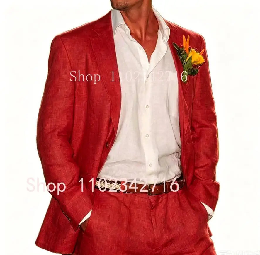 Beige Linen Men Suits 2 Pieces Beach Wedding American Style Jacket