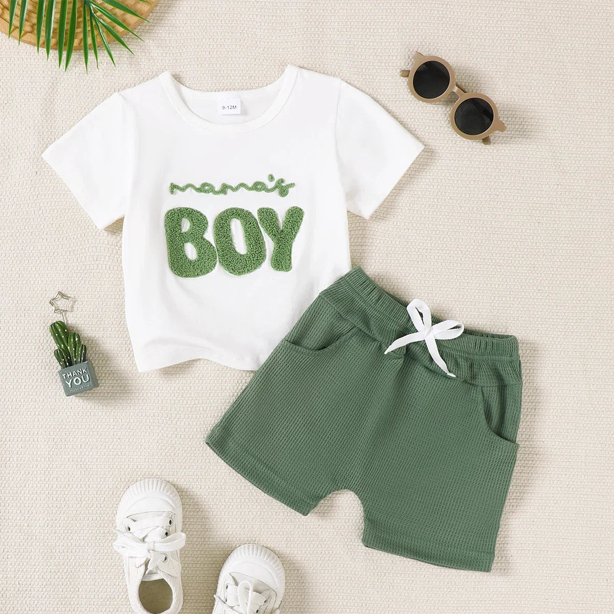 2pcs Baby Boy Set Mom's Boy Letter Pattern Short Sleeve+shorts Set