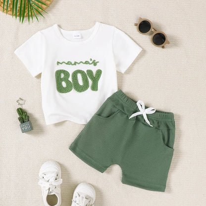 2pcs Baby Boy Set Mom's Boy Letter Pattern Short Sleeve+shorts Set