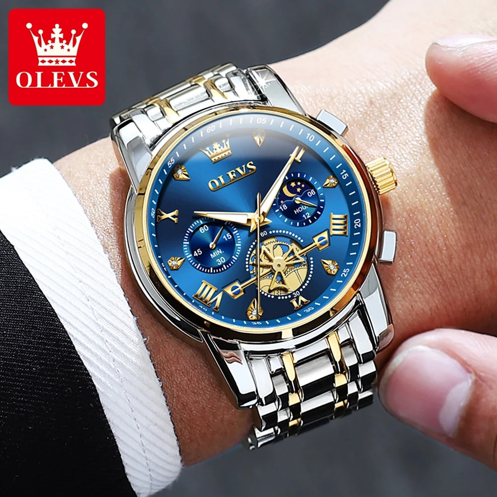 OLEVS 2856 Men's Skeleton Chronograph Watch - Flywheel Dial, Moon Phase, Steel Bracelet, 30m Water Resistant