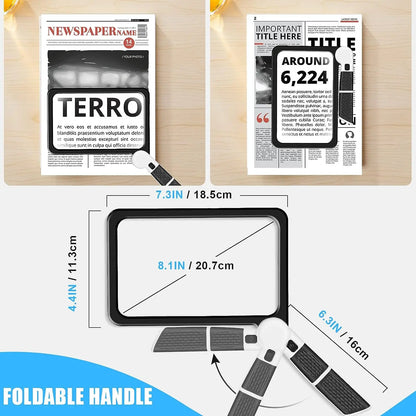 5X Rectangular Reading Magnifier 7.3 x 4.4 in (18.5 x 11.2 cm) – 48 LED Dimmable Light, Foldable Handheld for Seniors & Low Vision