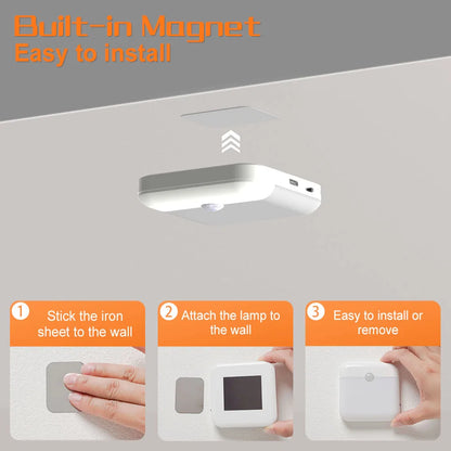 Motion Sensor LED Night Light - USB Type-C Rechargeable Square Lamp for Bedroom, Kitchen, Stair, Hallway, Wardrobe, Cupboard