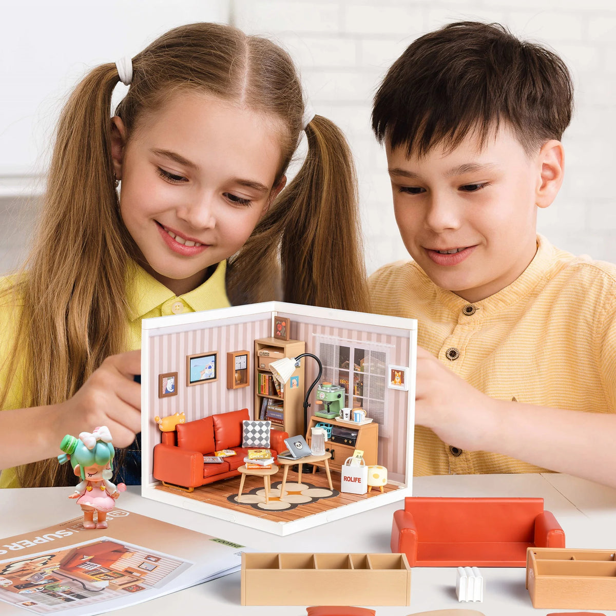 Rolife Cozy Living Lounge DIY Miniature House Kit - 114-Piece Super Creator Stackable Dollhouse with LED, for Adults & Teens 14+ (DW007)