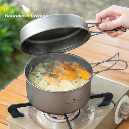 Titanium Camping Cookware Set with Folding Handles - Lightweight Pot & Pan for Hiking