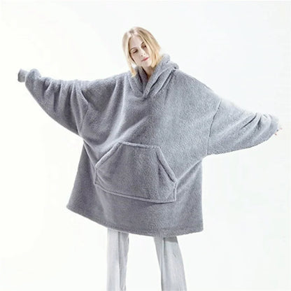 Women's Thick Winter Fleece Hooded Pullover Jacket – Double-Layer Warm Long Hoodie with Pockets