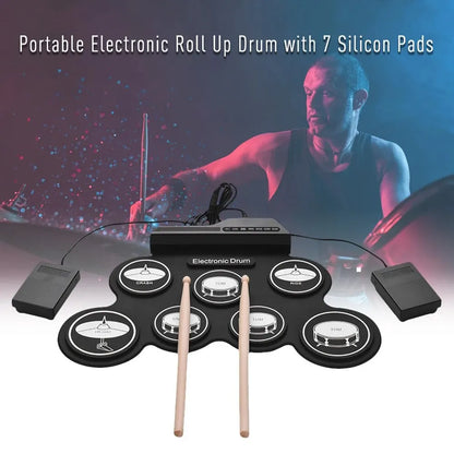 Portable Folding Silicone Electronic Drum Pad USB Hand-Roll Practice Kit with Drumsticks & Sustain Pedal