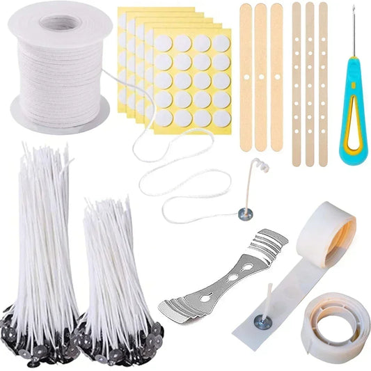 Pre-Waxed Cotton Candle Wicks 100-Pack (2.6–20 cm / 1.0–7.9 in) with Metal Bases, Adhesive Stickers & Holders — DIY Candle Making Kit