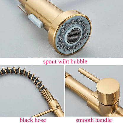 Brushed Gold Pull-Down Kitchen Faucet, Spring Spout Single-Handle Deck-Mount Hot & Cold Mixer