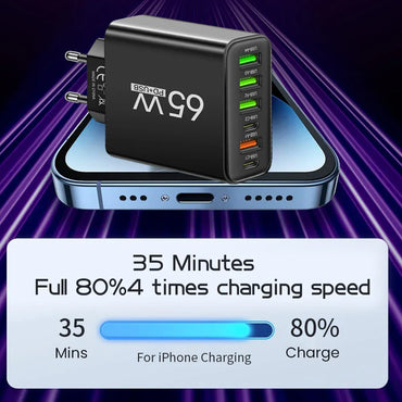 65W 6-Port USB Charger (2x USB-C + 4x USB-A) QC3.0 Fast Charge Travel Wall Adapter for Smartphones