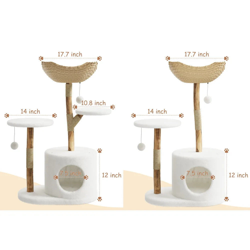 43" Wood & Rattan Multi-Level Cat Tree Tower - Large Cat, Multi-Level Perches, Floor Mount, Indoor, 28.74" x 17.32" Footprint