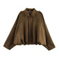 Women's Vintage Bomber Jacket Turn-Down Collar Long Sleeve Loose Fit Outerwear