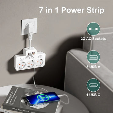 EU Wall-Mounted Power Strip — 3 AC Outlets + 4 USB Ports, Independent Switches, 0.5 m (20 in) Cord