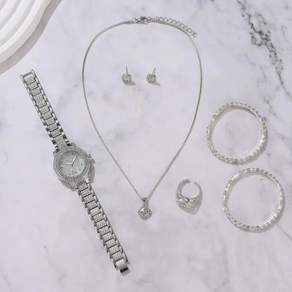 6-Piece Women's Rhinestone Bracelet Quartz Watch Set – Alloy Crystal Wristwatches for Ladies Gift