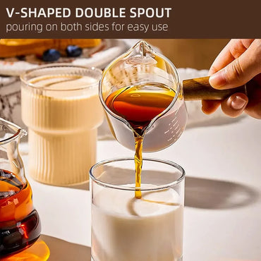 Heat-Resistant Glass Measuring Cup with Wood Handle - Clear Espresso & Milk Pouring Pitcher