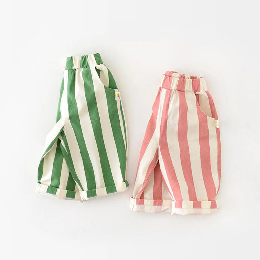 Unisex Toddler Striped Cotton Pants with Pockets – Elastic Waist Casual Kids Trousers