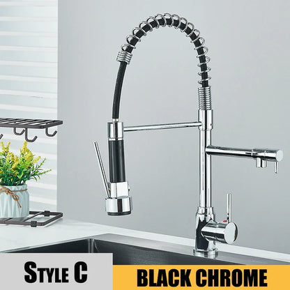 Black Pull-Down Kitchen Faucet - Single-Handle Hot & Cold Mixer, Dual Spout, 2-Mode Spray, 360° Rotating Deck-Mounted