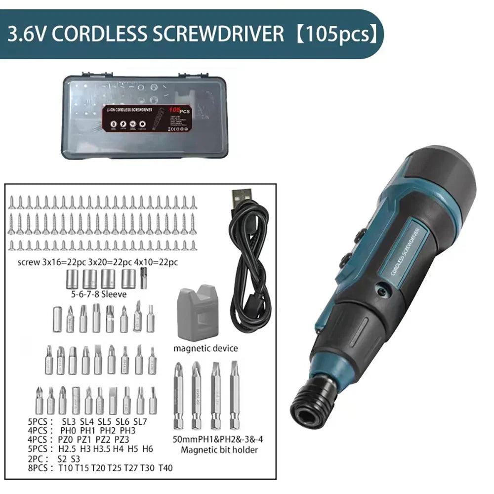 3.6V Mini Cordless Electric Screwdriver — Torque Adjustable Straight Handle, 6.35mm (1/4") Hex Chuck, 1300mAh Lithium Battery