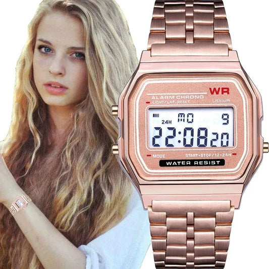 Multifunction LED Digital Sports Wristwatch with Stainless Steel Bracelet, Unisex Business Dress Watch