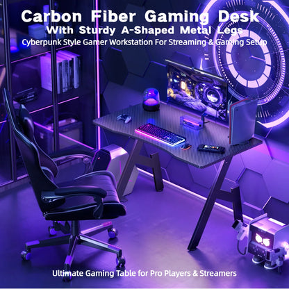 NEBMAAX A-Frame Carbon Fiber Gaming Desk - 31"/39"/47"/55", Steel Legs, Cup Holder, Headphone Hook, Cable Management, 80-140cm