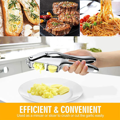 2-in-1 Stainless Steel Garlic Press & Slicer — Handheld Garlic Crusher Mincer Kitchen Tool