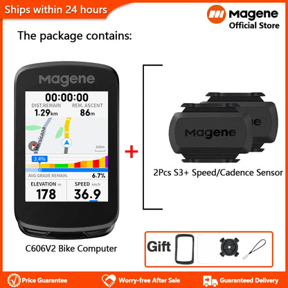 Magene C606 V2 GPS Bike Computer - 2.8" Color Touchscreen, Turn-by-Turn Navigation, ClimbPro, IPX7, Wi-Fi/BT/ANT+, 8GB, USB-C, 107g - Solo or Bundle with L508/S3X2