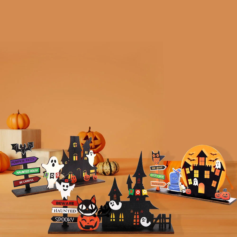 Halloween Wooden Tabletop Decoration – Haunted House & Pumpkin Desktop Decor for Family Gatherings, Parties & Seasonal Displays – 4 Styles