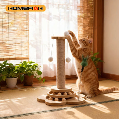 Solid Wood Cat Turntable Toy with Sisal Scratching Board and Rolling Ball - Interactive Cat Scratcher Column