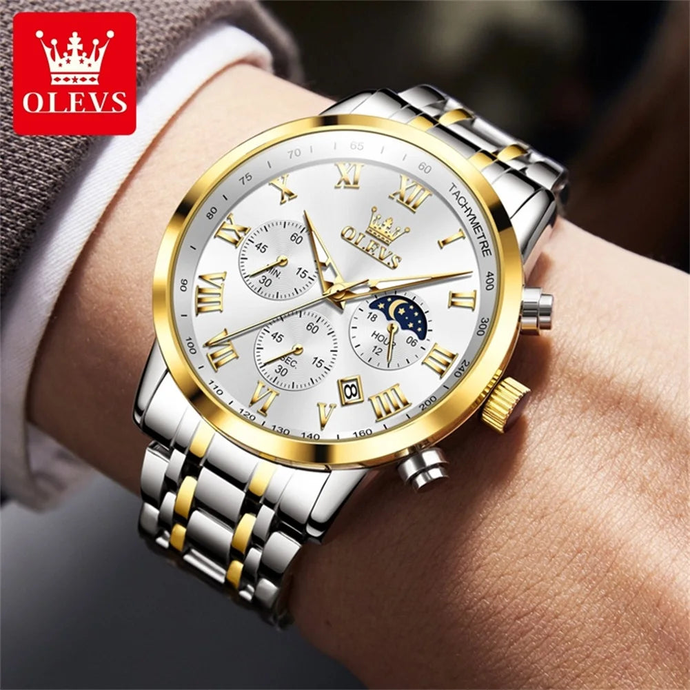 OLEVS 5529 Men's Chronograph Watch, Steel Bracelet Version - 41mm Moon Phase Dial, Auto Date, Luminous Hands, 30m Water Resistant