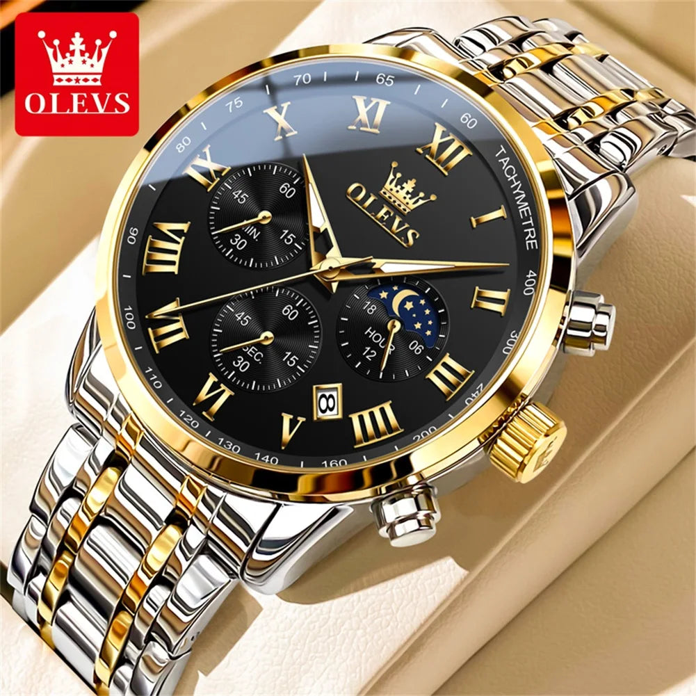 OLEVS 5529 Men's Chronograph Watch, Steel Bracelet Version - 41mm Moon Phase Dial, Auto Date, Luminous Hands, 30m Water Resistant