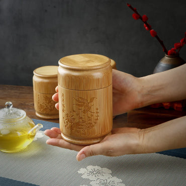 Handmade Bamboo Tea Storage Box Carved Tea Canister Lid Seal Kitchen Storage Jars Accessories Spice Box Case Organizer