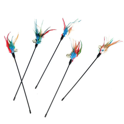 5-Pack Interactive Cat Feather Wand Toys - Colorful Feather Teasers with Bell