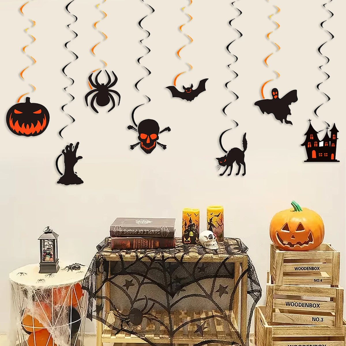Halloween Hanging Swirl Ceiling Decorations Set – Pumpkin, Spider, Bat, Skull, Ghost & Black Cat Cutout Streamers for Party Decor