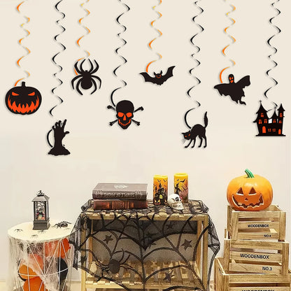 Halloween Hanging Swirl Ceiling Decorations Set – Pumpkin, Spider, Bat, Skull, Ghost & Black Cat Cutout Streamers for Party Decor