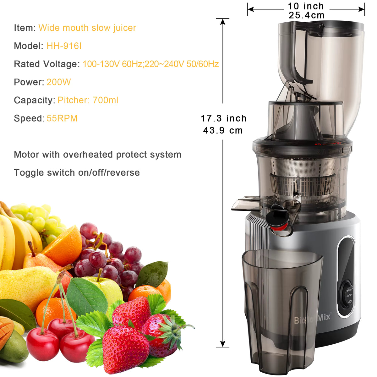 BioloMix HH-916I Cold Press Juicer with 75mm Feed Chute, 200W