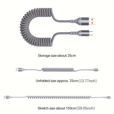 100W USB-C Coiled Car Fast Charging Cable – PD 100W Fast Charge & 60W Data Sync, USB 3.1 Type-C