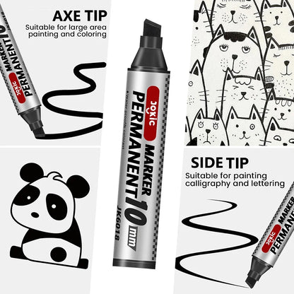 4-Pack Permanent Marker Pens - Waterproof Ink, Fine & 10 mm Chisel Tips, Black Blue Red Green