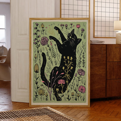 Modern Cute Black Cat With Flowers Lllustration Wall Art Prints Canvas Painting Poster Picture For Living Room Home Decor