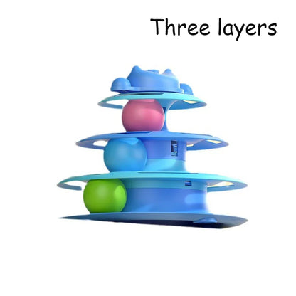 Interactive Cat Toy Tower with Turntable Track, Rolling Balls and Feather Teaser - Kitten Training Toy