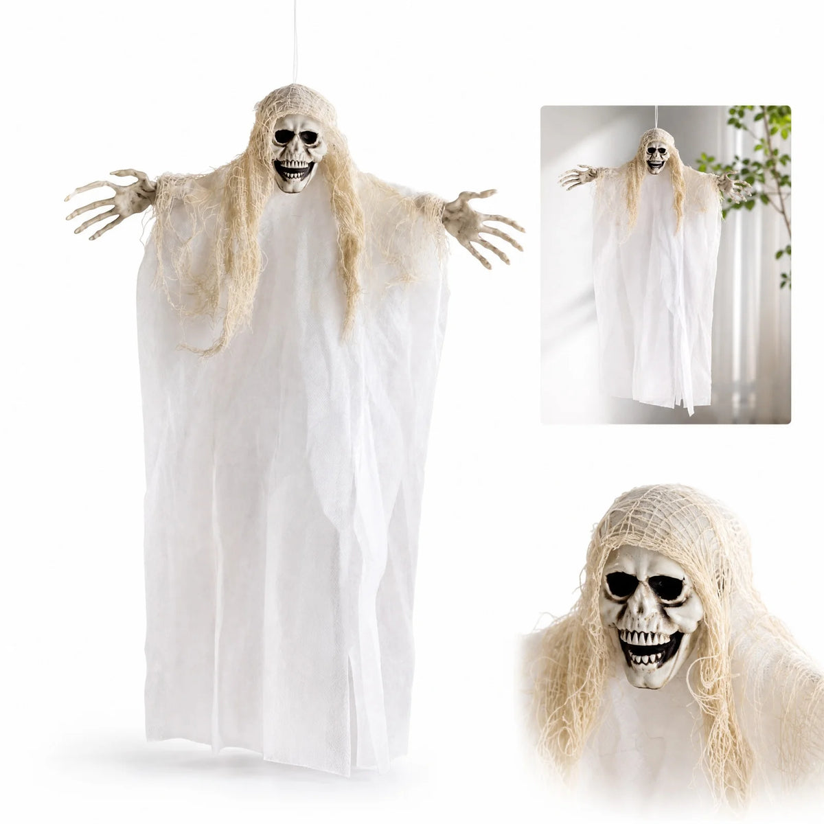 Halloween Hanging Ghost & Zombie Scary Face Pendant – Fabric Horror Cloak Ornament for Haunted House, Bar, Escape Room & Party Decor – Black, White or Blue