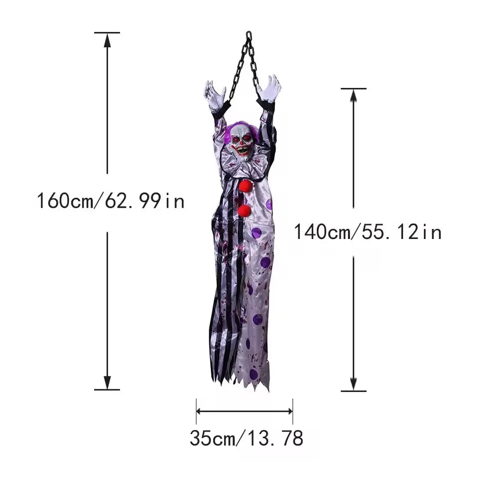 Animated Voice-Activated Hanging Ghost Clown Prop – 150cm Electric Vibrating Body, Glowing Eyes & Scary Sounds for Haunted House & Halloween Decor