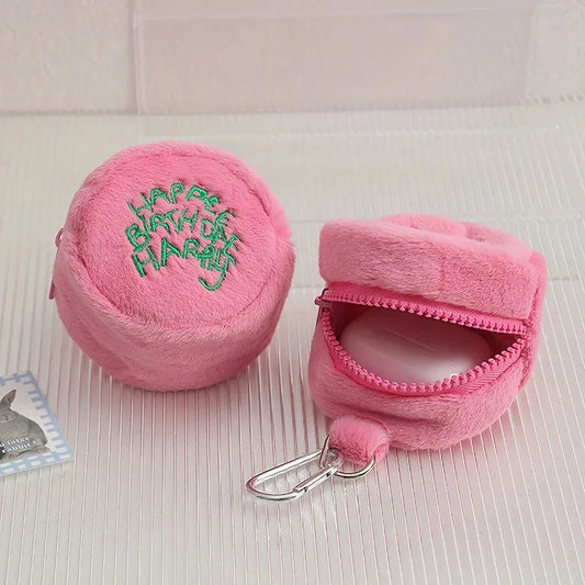 Pink Kawaii Mini Plush Coin Purse – Cute Cake Design Earphone & Cord Storage Pouch with Keychain