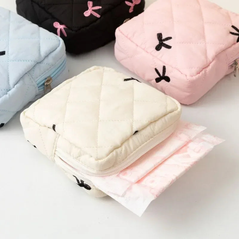Large Capacity Period Pouch - Cute Cartoon Bow Sanitary Napkin & Tampon Organizer Bag