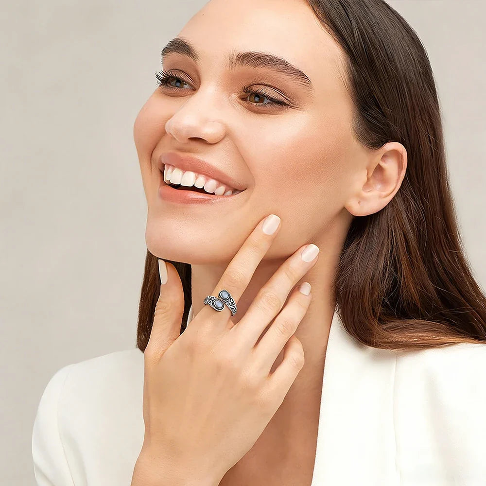 925 Vintage Silver Ring with Natural Moonstone 6*8mm Adjustable Rings