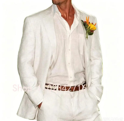Beige Linen Men Suits 2 Pieces Beach Wedding American Style Jacket