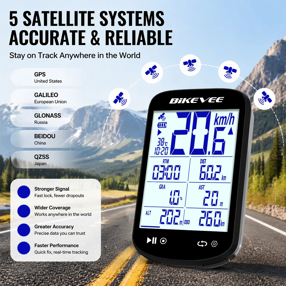 Bikevee BKV-520 GPS Bike Computer - 2.6" Sunlight-Readable LCD, 5-Satellite GPS, 28hr Battery, IPX7, Bluetooth 5.3