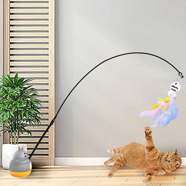 Interactive Feather Wand Cat Toy – Long Steel-Wire Pole Rotating Fishing Teaser for Kittens & Cats